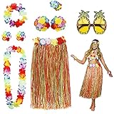PHOGARY 8 Teilig Hawaii Mottoparty Kostüme Set, Hula Rock (Bunt), Blumenkette, Blume-Armbänder, Blumen-BH, Haarblume, Ananas-Sonnenbrille für Tikiparty Beachparty Deko