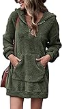Gemijacka Damen Hoodie Oversized Kapuzenpullover-Kleid Einteiliges Teddy Fleece Minikleid Plüsch Herbst Winter Oberteil Grün S