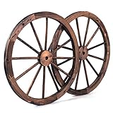 COSTWAY 2er Set Wagenrad Braun, Holzrad mit Eisenblech, Holz Wagen Dekorad, Dekoratives Wagon Rad, 76x76x3,5 cm