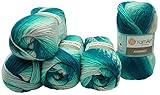5 x 100 g YarnArt Ambiance Strickwolle mehrfarbig mit Farbverlauf, 500 Gramm Strickgarn mit 20% Wolle-Anteil (dunkelgrün türkis weiß 155)