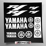 Aufkleber-Set kompatibel mit Tank und Motorradhelm, Basis aus transparentem Vinyl, einfache Anbringung, UV-Druck, Schriftzug Logos, Stickersland® – R1 (weiß)