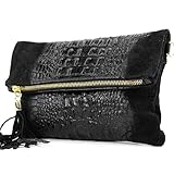 modamoda de - T54KR - ital. Umhängetasche Wildleder/Kroko, Farbe:Schwarz Wildleder/Kroko