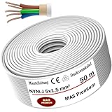 MAS Premium Feuchtraumkabel Stromkabel 5-170m Mantelleitung NYM-J 5x1,5, 2,5, 4, 6, 10 oder 16 Elektrokabel Ring für feste Verlegung (NYM-J 5x1,5 mm², 50m)