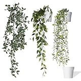 MARTIVA® 3er Set künstliche Hängepflanzen (62-82 cm) in weißen bruchfesten Töpfen - einfach zu pflegende und langlebige Kunstpflanze hängend