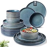 GBhome Steingut Geschirrset 6 Personen, 18-tlg Reaktive Glasur Handarbeit Steingut Geschirr Set, Mikrowellen- & Spülmaschinenfest Schüssel- und Teller Set,Mediterranes Blau