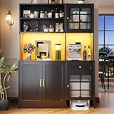 KUAKE Küchenschrank, Buffetschrank mit LED-Beleuchtung, Hochschrank Küchenbuffet mit 4 Türen und 1 Schubladen,Sideboard mit Lagerregal,Standschrank mit Verstellbaren Ablagen,130 x 45 x 180 cm