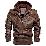 CARWORNIC Herren Lederjacke Winterjacke Motorradjacke Für Herren Schwarz Braun Warme Kunstlederjacke Bikerjacke mit Abnehmbarer Kapuze