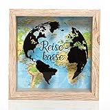 Logbuch-Verlag Spardose Reisekasse Geschenk Geburtstag Hochzeit Weltkarte Globus Motiv braun bunt Sparbüchse für Reise Urlaub 15 cm