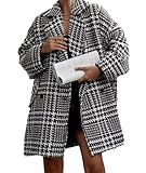 SOMTHRON Damen-Trenchcoat mit Hahnentrittmuster, zweireihig, gekerbtes Revers, locker, mittellang, Wintermantel, Schwarz, Medium