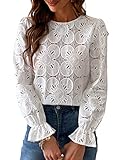 CUPSHE Damen Bluse Blumen Cutout Rundhalsausschnitt Langarm Rüschen Oberteile Casual Shirt Elegant Hemd Tops Weiß S