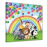 Wandbild Kinderbild Tierparade - 60 x 60 cm quadratisch Bilder als Leinwanddruck Fotoleinwand Kinder Cartoon - Bunte Party mit Ballons und Regenbogen
