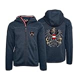 Hoamatkult Kultjacke – Österreich Strickfleece mit Kapuze, graue Strickoptik, mit Adler-Stickerei, warm, atmungsaktiv & kultig – perfekt zur Lederhose & Jeans - (XXL, Dunkelblau-Strick)