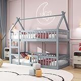 RIAZOS Etagenbett 90x200 cm, Kinderbett Massivholz Einzelbett, Familienbett für 2 Kinder, Hochbett mit Rausfallschutz, Stockbett mit 1 Lattenrost, Jugendbett Spielbett, ohne Matratze, Grau