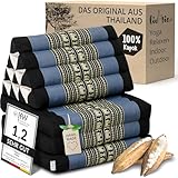 livasia Thaikissen mit 3 Auflagen - 175x50x8cm - Dreieckskissen mit Klappmatratze, Keilkissen Kapok, Rückenkissen faltbar, Thaimatte zum Klappen, handgefertigt, Meditationskissen (Blau/Elefanten)