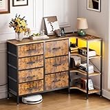 Coleshome Kommode mit Schubladen, Eck Kommode mit 7 Stoffschubladen - 2 USB- und 2 AC-Steckdosen und LED, Mit 3-lagigem Ablagetisch, Geeignet für Schlafzimmer- und Wohnzimmerecken, Vintage-Farben