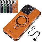Cemssitu Luxury Leather Invisible Stand Phone Case for iPhone 15/14/13/12 Pro Max with Lanyard (Brown,iPhone 15 Pro Max)