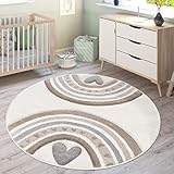 Paco Home Teppich Kinderzimmer Kinderteppich Junge Mädchen Pastell 3D Effekt Modern Regenbogen Herz Beige Creme Grau, Grösse:120 cm Rund