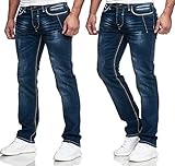 iProfash Dicke Naht Herren Jeans Hose Washed Straight Cut Regular Stretch GRAU BLAU W29-W38 (Blau -We, W34/L34)