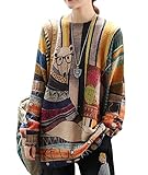 Janein Damen Pullover Oversize Lang Strickpullover Herbst Winter Rundhals Sweater mit Blumenmuster Weihnachtspullover M S01DE CR31