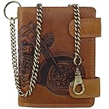 Fregery ® Geldbörse aus Leder für Herren Männer RFID-Schutz mit Münzfach und Prägung Echtleder Geldbeutel Geldtasche Portemonnaie (Motorrad, Motorcycle, Motorbike, Motors) (Hochformat Braun Kette)