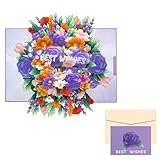 Pop-up Glückwunschkarte, Romantische Lila Blumen Geburtstag mit Umschlag - 3D Blumen und Schmetterlinge karte für Ältere Frauen und Freundinnen (Geburtstagskarte, Gute Besserung, Danke, Jahrestag)