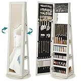 SONGMICS Schmuckschrank, Standspiegel, Spiegelschrank, mit Ganzkörperspiegel, um 360° drehbar, Schmuckaufbewahrung, abschließbar, mit Schlüsseln, Geschenkidee, weiß mit Grauer Holzmaserung JBC62W