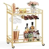VASAGLE Servierwagen, Rollwagen, Gläserhalter, 2 verspiegelte Glasablagen, Barwagen, Weinwagen, für Küche, Esszimmer, Bar, goldfarben LRC092A62