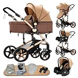 Reenborn Kinderwagen 3 in 1, Buggy mit Zwei Umkehrbaren Schiebemodi, Kinderwagen mit Rahmen Aluminiumlegierung, Kombikinderwagen 3 in 1 Komplettset mit Ein-Klick-Faltdesign (588 Khaki)