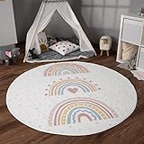 Paco Home Teppich Kinderzimmer Kinderteppich Spielteppich Kurzflor rutschfest Krone Herzen Punkte Sonne Regenbogen Buchstaben, Grösse:120 cm Rund, Farbe:Rosa 2