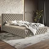 MOTIVENA Dianna Chesterfield Bett 180x200, Polsterbett 180x200, mit Bettkasten, mit Stauraum, mit Lattenrost, mit Kopfteil, ohne Matratze, Bett Samt, Beige