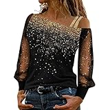 Generic T-Shirt Damen Schulterfrei Oberteile Sexy Glitzer Langarmshirt Casual Mode Langarm Shirt Bluse Tops Tunika Einfarbig Pullover Jumper Herbst Winter Spitze Streetwear Laufshirt, Gold, XL