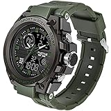 Herren Uhren Sport Militär Große Armbanduhr Outdoor Digitaluhren Analog Doppelzeit LED Kalender Männer Jungen Stoppuhr 12/24H Grün
