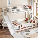 Merax Etagenbett Kinderbett 90x200 und 140x200, Hochbett mit Rutsche und Stufen, Mehrere Regale, Bettgestell mit Lattenrost und Ausziehbare kleine Tür(ohne Matratze), Weiß