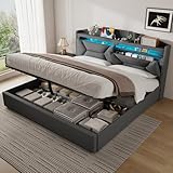 ZUUYEE Polsterbett Doppelbett 180x200 cm mit LED, USB C, Hydraulische Bett mit Stauraum und Kopfteil, Stauraumbett Bettgestell mit Metallrahmen Bettkasten und Lattenrost, Leinen, Grau, Ohne Matratze