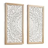 JUJOYBD Holz Ornament Wandbild 57x57cm, Shabby Weiß, Bohostyle Wanddeko für Wohnzimmer – Hängend oder Stehend