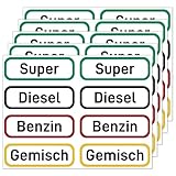 Kraftstoff Aufkleber für Kanister Beschriftung (40er Set - 60x20 mm) - Benzin, Diesel, Super, Gemisch/Benzingemisch - Brennstoff Sticker für Auto, Motorrad, Tankdeckel, Kettensäge und Rasenmäher