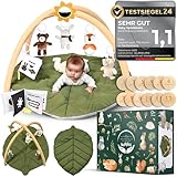 MEERWALD KINDER® Spielbogen Baby - Premium Baby Spieldecke XXL waschbar mit Bogen blattförmig mit 6 sensorischen Montessori Spielzeugen inkl. Meilensteinkarten Baby, CE -zertifizierte Krabbeldecke