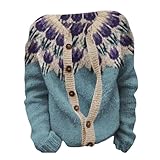 Generisch Damen Strickjacke mit floralem Norweger-Muster - Bunter Cardigan im Island-Stil | Lässige Strickjacke für den Herbst
