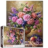 Vintage Bouquet 1000 Teile Puzzle für Erwachsene Studenten Ölgemälde Puzzles Rosa Lila Rosen Pfingstrosen Heidelbeeren Pfirsiche Antike Vase Stillleben Kunst 50,8 x 68,6 cm Floral Jigsaws Challenge