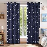Deconovo Blickdichte Gardinen für Wohnzimmer Kälteschutzvorhang für Raum Verdunkeln Vorhänge mit Muster Sterne, 138x117 cm(HöhexBreite), Dunkelblau, 2er Set