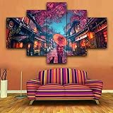45Tdfc 5 teilig Bilder wandbild Leinwandbild Japanische Anime Street Red Tree Street Moderne Wohnzimmer Wanddekoration Deko Kunstdruck-Fertig Zum Aufhängen 150X80 cm
