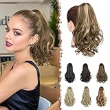 FESHFEN Zopf Pferdeschwanz Haarextension mit kordelzug, 38 cm Wellig Lockig Synthetik Haarverlängerung Clip Haarteil Ponytail Kunsthaar Haarzopf für Damen, Honigblond & Hellbraun