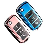 Yosemy Autoschlüssel Hülle 2 Stück Schlüssel Hülle VW Golf Skoda Seat Schlüsselhülle Cover 3-Tasten TPU Auto Schlüssel Cover (Roségold+Blau)