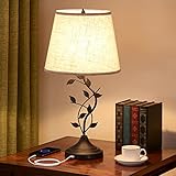 Kakanuo Tischlampe Vintage mit 2 USB-Anschlüssen, Nachttischlampe im Bläter Design, Traditionelle E27 Tischleuchte, Deko Lampe für Nachttisch Wohnzimmer Schlafzimmer Büro Studierzimmer(Ohne Birne)