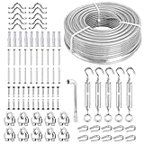 FSHIHINE Drahtseil 5mm, 50M Stahlseil ummantelt verzinkt mit Drahtseilklemme, M5 Seilspanner Edelstahl, Spanndraht für Garten, Wäscheleine, Lichter Hängen, Gardinen Seil, Zaun, Bilderaufhängen