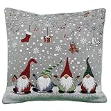 Generisch Kissenhülle Kissenbezug Dekokissen Winter Weihnachten Gobelin 40 x 40 cm grau Wichtel mit Geschenkzweig Baumwollmischung
