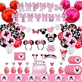 Minnie Maus Motto Geburtstag Party Supplies,Rosa Minnie Mouse Geburtstagsdeko Set - Minnie Mouse Banner Tischdecken Geschirr Tortendeko Ballons ect für Mädchen 1. 2 jahre Geburtstag Party Dekorationen