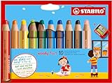 STABILO - Buntstift, Wasserfarbe & Wachsmalkreide - woody 3 in 1-10er Pack mit Spitzer - 10