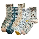 DXYAKY 5 Paar Damen-Socken mit Blumenmuster, Baumwolle, Vintage-Muster, Rundhals-Socken, Knöchel, gerüscht, warm, lässig, Socken, 5 Paar – Blau, Einheitsgröße