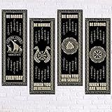 4 Stück Holzschild Wanddekoration Nordic Vikings Keltische Drakkar-Rune Wandschild Skandinavische Wikinger Boot Rustikale Holz Hängebrett Mittelalterliche Kunst für Wohnzimmer Schlafzimmer Mythologie